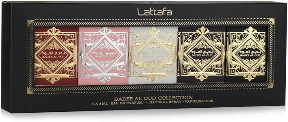Lattafa Bade'e Al Oud Collection Nischen-Parfum Discovery Set (5-teilig) – Exklusive Unisex Miniatur-Box mit Oud for Glory, Sublime, Honor & Glory, Amethyst & Oud for Greatness – 5x5ml Eau de Parfum