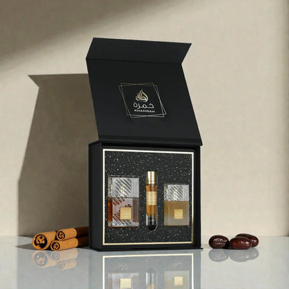 Lattafa Khamrah Premium Luxus Geschenkset (3-teilig) – Unisex Gourmand-Duft mit Zimt, Datteln, Praline & Vanille – Exklusive Parfum Box inkl. Eau de Parfum 100ml, Hair Mist & Travel Spray