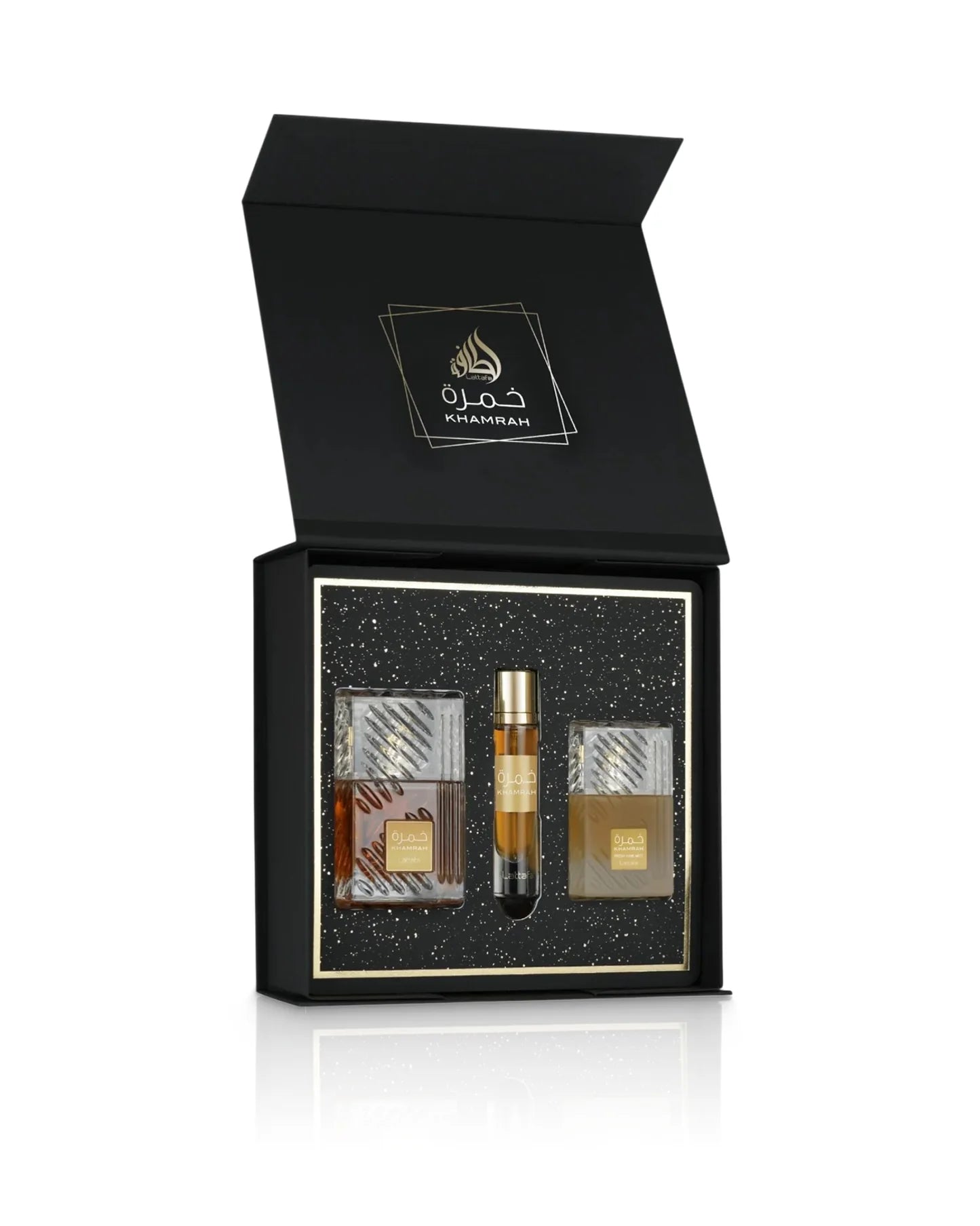 Lattafa Khamrah Premium Luxus Geschenkset (3-teilig) – Unisex Gourmand-Duft mit Zimt, Datteln, Praline & Vanille – Exklusive Parfum Box inkl. Eau de Parfum 100ml, Hair Mist & Travel Spray
