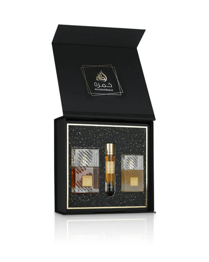 Lattafa Khamrah Premium Luxus Geschenkset (3-teilig) – Unisex Gourmand-Duft mit Zimt, Datteln, Praline & Vanille – Exklusive Parfum Box inkl. Eau de Parfum 100ml, Hair Mist & Travel Spray