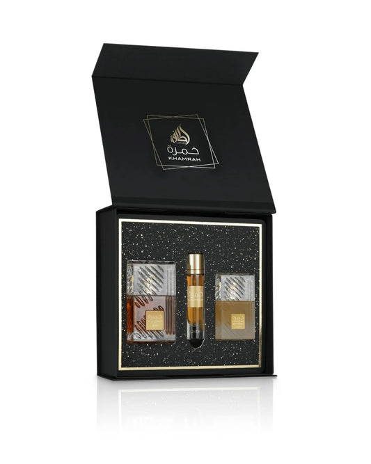 Lattafa Khamrah Premium Luxus Geschenkset (3-teilig) – Unisex Gourmand-Duft mit Zimt, Datteln, Praline & Vanille – Exklusive Parfum Box inkl. Eau de Parfum 100ml, Hair Mist & Travel Spray